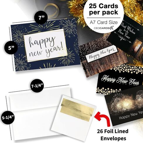 New Years Cards for Business & Family (Variety Pack - Gold) Bulk Greeting Card Set Pack of 25 Happy New Year Cards with Envelopes for 2025 (5x7 inch) Great for Office, Work Employees & Clients VP1505 in Kuwait