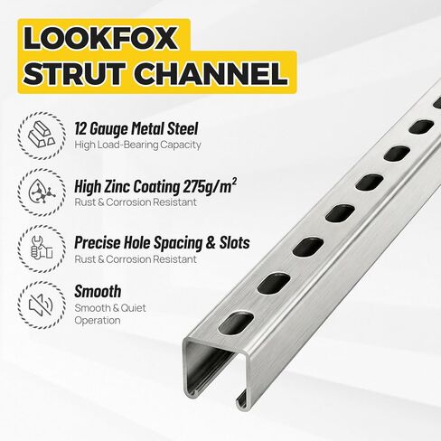 1-5/8" Strut Channel Trolley Track, 4.8 ft (57.5 in), 12 Gauge Metal Steel, Galvanized- High Zinc Coating with Spangle, Heavy-Duty U Channel with Short Slotted Back, Sturdy & Durable, 1 Pack in Kuwait