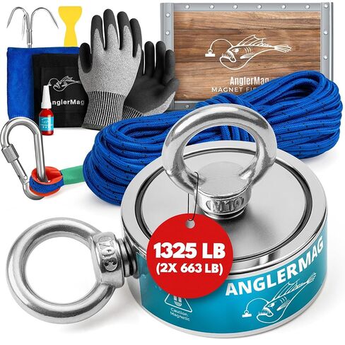 AnglerMag Magnet Fishing Kit, 1325 lbs Double Sided Magnetic Fishing Kit with Rope, Carabiner, Gloves, Grappling Hook & Carrying Bag, 10 Piece Complete Set in Saudi Arabia