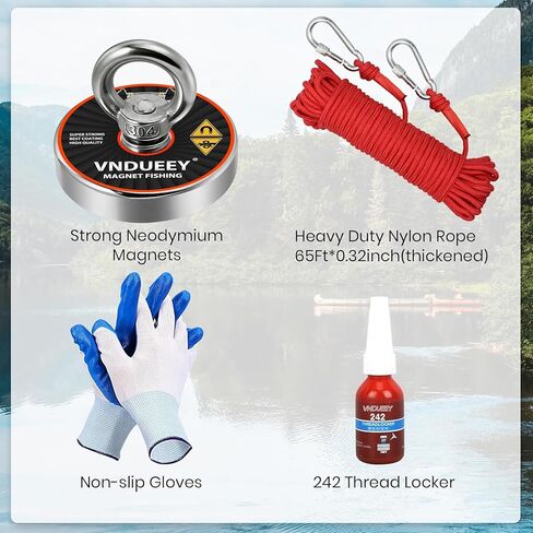 VNDUEEY Magnet Fishing Kit, 500Lbs(227Kg) Fishing Magnets with Rope - Includes Pulling Force Fishing Magnet, 20m (65 Foot) Durable Rope with Two Carabiner, Non-Slip Protective Gloves in Kuwait