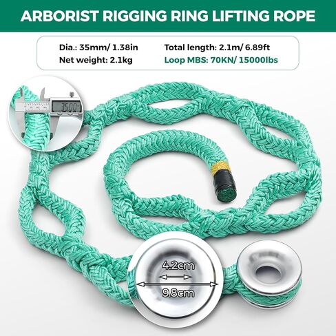 حبل رفع حلقة Arborist - 1.38 بوصة × 6.89 قدم، 70 كيلو نيوتن/15000 رطل، حلقة ألومنيوم أحادية الطرف و7 جيوب قابلة للتعديل، بوليستر أخضر عالي التحمل (حبل أخضر * 1 + حلقة ألومنيوم فضية * 1) in Kuwait