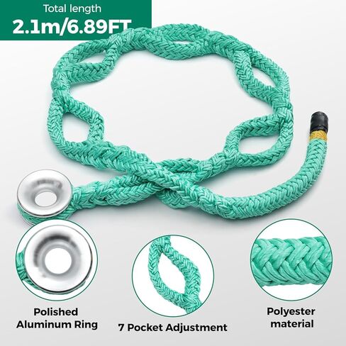 حبل رفع حلقة Arborist - 1.38 بوصة × 6.89 قدم، 70 كيلو نيوتن/15000 رطل، حلقة ألومنيوم أحادية الطرف و7 جيوب قابلة للتعديل، بوليستر أخضر عالي التحمل (حبل أخضر * 1 + حلقة ألومنيوم فضية * 1) in Kuwait