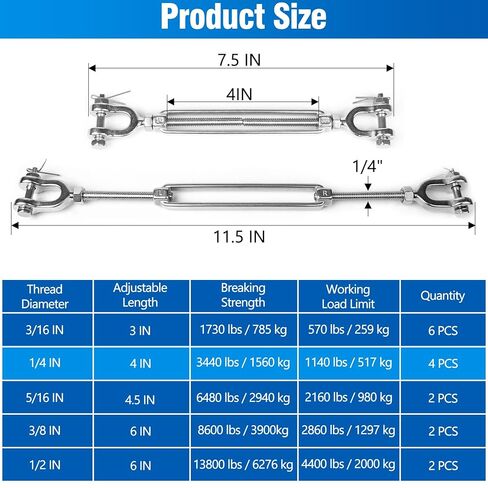 4 PCS M6 Turnbuckle 1/4" 304 Stainless Steel Jaw and Jaw Turnbuckle Tensioner, Heavy Duty Cable Tensioner, 1140 LBS Working Load Limit, Adjustable Turnbuckles for Cables Wire, Clotheslines, Shade Sail in Kuwait