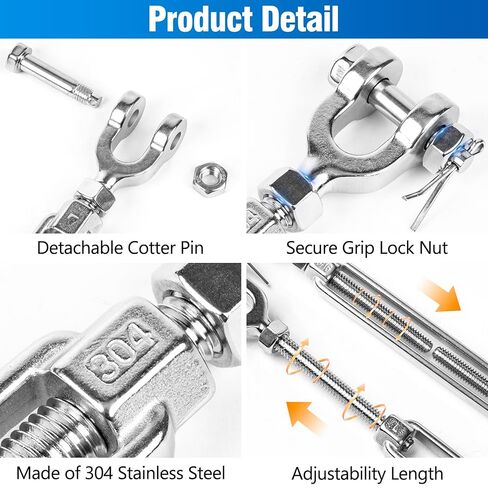 4 PCS M6 Turnbuckle 1/4" 304 Stainless Steel Jaw and Jaw Turnbuckle Tensioner, Heavy Duty Cable Tensioner, 1140 LBS Working Load Limit, Adjustable Turnbuckles for Cables Wire, Clotheslines, Shade Sail in Kuwait