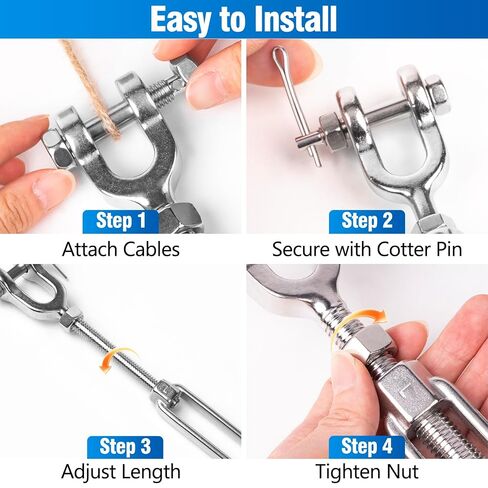 4 PCS M6 Turnbuckle 1/4" 304 Stainless Steel Jaw and Jaw Turnbuckle Tensioner, Heavy Duty Cable Tensioner, 1140 LBS Working Load Limit, Adjustable Turnbuckles for Cables Wire, Clotheslines, Shade Sail in Kuwait
