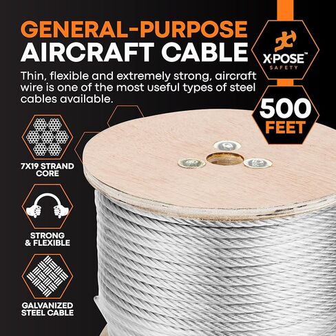 Xpose Safety 1/4 "سلك كابل الطائرات من الصلب المجلفن - بكرة 500 قدم، 7 × 19 حبلا، قوة كسر 7000 رطل - لنظام البكرة، الونش، البحرية، درابزين سطح السفينة، المبارزة، Zipline in Saudi Arabia