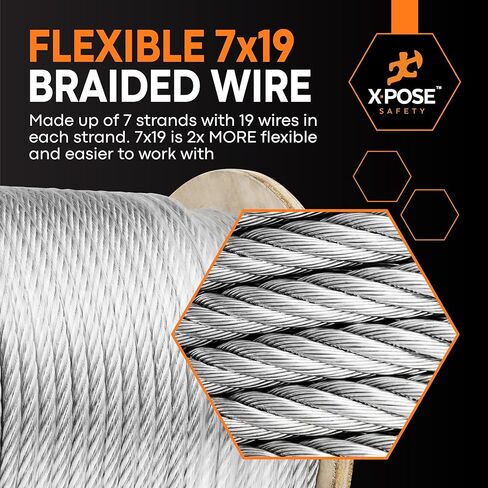 Xpose Safety 1/4 "سلك كابل الطائرات من الصلب المجلفن - بكرة 500 قدم، 7 × 19 حبلا، قوة كسر 7000 رطل - لنظام البكرة، الونش، البحرية، درابزين سطح السفينة، المبارزة، Zipline in Saudi Arabia