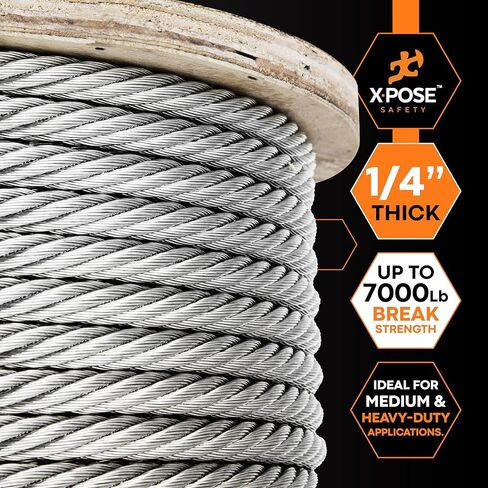 Xpose Safety 1/4 "سلك كابل الطائرات من الصلب المجلفن - بكرة 500 قدم، 7 × 19 حبلا، قوة كسر 7000 رطل - لنظام البكرة، الونش، البحرية، درابزين سطح السفينة، المبارزة، Zipline in Saudi Arabia