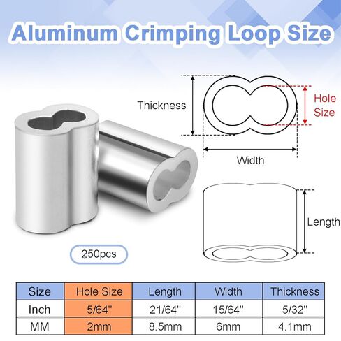 CooBigo 250Pcs 1/16""Cable Crimp Sleeves, Aluminum Wire Rope Crimping Loop Sleeve. Cable Ferrules for Cable and Wire Rope Crimp Double Barrel Crimp Sleeves (M1.5-1/16"") in Kuwait