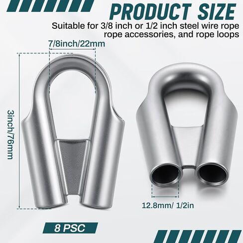12mm 1/2" 304 Stainless Steel Wire Rope Thimbles Collar with Gusset for 3/8" - 1/2" Wire or Winch Rope Tube Cable Thimble Heavy Duty for Rigging(8 Pack,Silver) in Kuwait