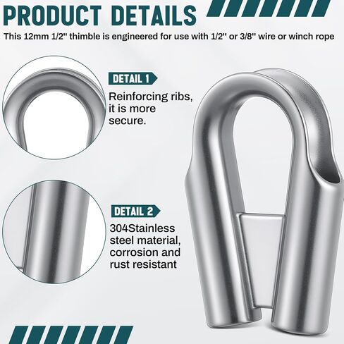 12mm 1/2" 304 Stainless Steel Wire Rope Thimbles Collar with Gusset for 3/8" - 1/2" Wire or Winch Rope Tube Cable Thimble Heavy Duty for Rigging(8 Pack,Silver) in Kuwait