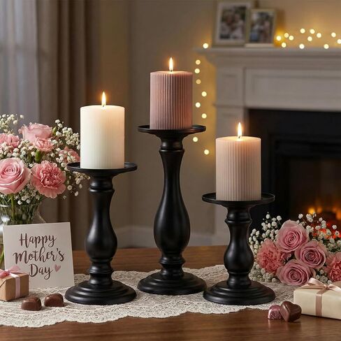 Tall Pillar Candle Holders Set of 3-12", 10", 8"H Candlestick Candle Holder Stand, Traditional Fall Thanksgiving Halloween Xmas Decor for Fireplace/Table Centerpiece/Rustic/Farmhouse-Best Gift in Kuwait