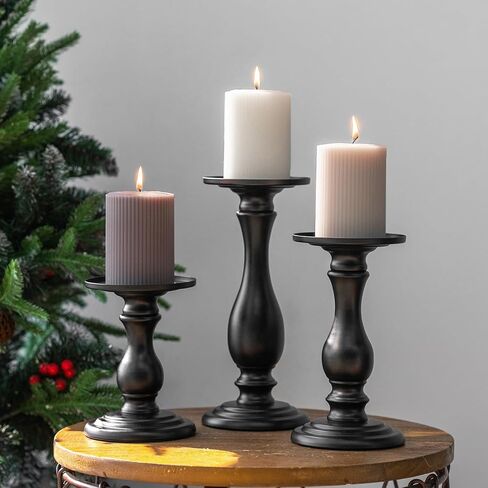 Tall Pillar Candle Holders Set of 3-12", 10", 8"H Candlestick Candle Holder Stand, Traditional Fall Thanksgiving Halloween Xmas Decor for Fireplace/Table Centerpiece/Rustic/Farmhouse-Best Gift in Kuwait