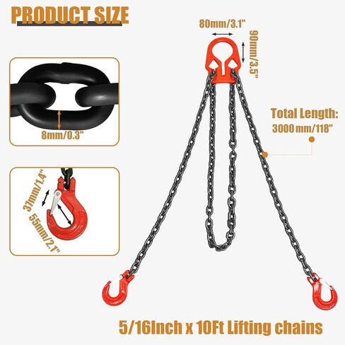 Heavy Duty Lifting Chains with Adjustable Hooks, 5/16 Inch x 10 Ft, Maximum Load 7000lbs, G80 Industrial Dual Leg Chain Slings for Engine Hoist, Lift Heavy Objects in Kuwait