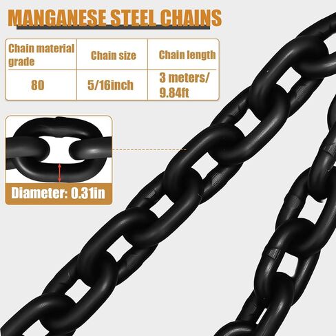 Heavy Duty Lifting Chains with Adjustable Hooks, 5/16 Inch x 10 Ft, Maximum Load 7000lbs, G80 Industrial Dual Leg Chain Slings for Engine Hoist, Lift Heavy Objects in Kuwait