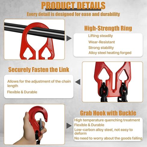 Heavy Duty Lifting Chains with Adjustable Hooks, 5/16 Inch x 10 Ft, Maximum Load 7000lbs, G80 Industrial Dual Leg Chain Slings for Engine Hoist, Lift Heavy Objects in Kuwait