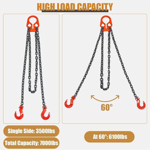 Heavy Duty Lifting Chains with Adjustable Hooks, 5/16 Inch x 10 Ft, Maximum Load 7000lbs, G80 Industrial Dual Leg Chain Slings for Engine Hoist, Lift Heavy Objects in Kuwait