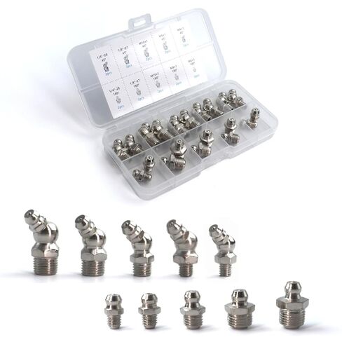 20 PCS SAE & Metric Grease Fittings Assortment, Hydraulic Grease Gun Fittings with 1/4'' 1/8'' M6 M8 M10 Straight, 45 Degree Zerks Kit for Automotive Industrial Machinery Lubrication in Kuwait