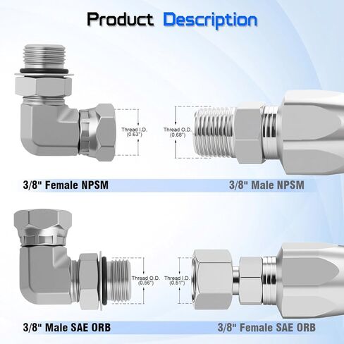 3/8 بوصة أنثى NPSM دوارة إلى 3/8 بوصة ذكر SAE ORB 90° محول الكوع، 6901-06-06 تركيب خرطوم هيدروليكي، معايير SAE J512 وJ1926، موصل وصلات أنابيب الصلب الكربوني للأنظمة الهيدروليكية (عبوتان) in Kuwait