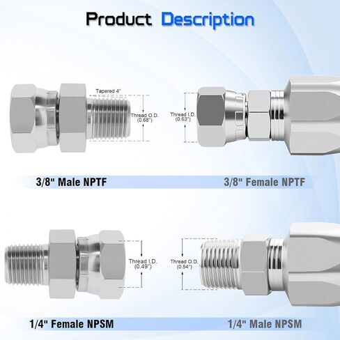 محول دوار هيدروليكي، 3/8 بوصة NPTF ذكر إلى 1/4 بوصة NPSM أنثى، 1404-06-04 مفاصل أنابيب فولاذية كربونية مستقيمة، لتركيب خرطوم هيدروليكي (عبوتان) in Kuwait