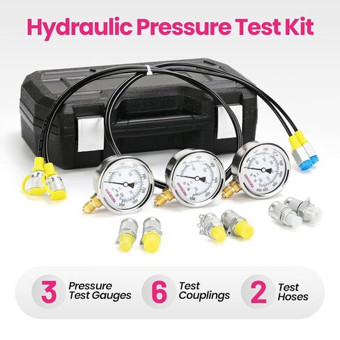 Economical Hydraulic Pressure Test Kit with3 Gauges (250/400/600 Bar), 6 Test Couplings & 2 Hoses, for Excavator, Construction Machinery, Hydraulic Systems in Kuwait