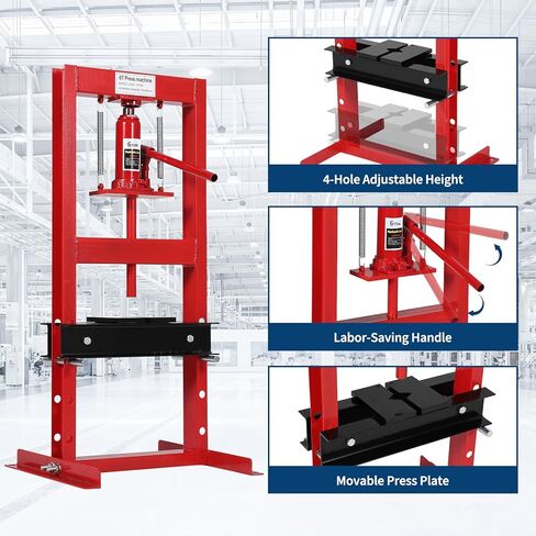 6 Ton Hydraulic Shop Press, H-Frame, 4-Hold Adjustable Height, with Movable Plates and Dust Cover, for Garage or Professional Users, Red in Kuwait