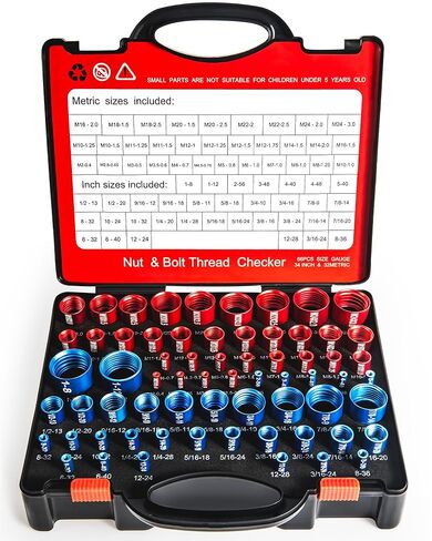 طقم فحص خيط الصواميل والمسمار مكون من 66 قطعة | 34 مقياس SAE (أزرق) + 32 متريًا (أحمر) - مكتشف دقيق لحجم المسمار للمساحات الضيقة، والإصلاحات اليدوية والاحترافية in Kuwait