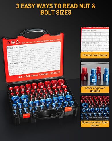 طقم فحص خيط الصواميل والمسمار مكون من 66 قطعة | 34 مقياس SAE (أزرق) + 32 متريًا (أحمر) - مكتشف دقيق لحجم المسمار للمساحات الضيقة، والإصلاحات اليدوية والاحترافية in Kuwait