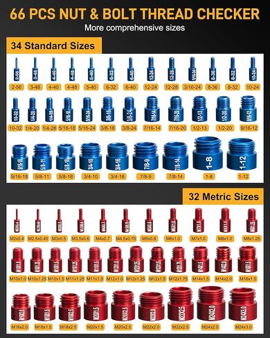 طقم فحص خيط الصواميل والمسمار مكون من 66 قطعة | 34 مقياس SAE (أزرق) + 32 متريًا (أحمر) - مكتشف دقيق لحجم المسمار للمساحات الضيقة، والإصلاحات اليدوية والاحترافية in Kuwait