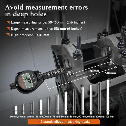 مجموعة قياس تجويف القرص الرقمي، قياسات عالية الدقة 2-6 بوصة/0.0005 بوصة تتضمن مقياس تجويف القرص ذاتي التمركز مع سندان كربيد لقياس أسطوانة المحرك العميق in Kuwait