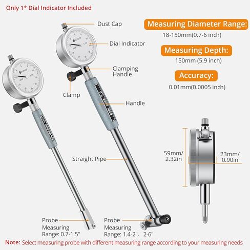 Neoteck Dial Bore Gauge with 0.7"-6"/0.0005" Measuring Range and 6" Measuring Depth Dial Bore Gauge Set with 23PCS Anvils Chrome Plated Handle & Insulated Grips for Engine Cylinder Measurement in Saudi Arabia