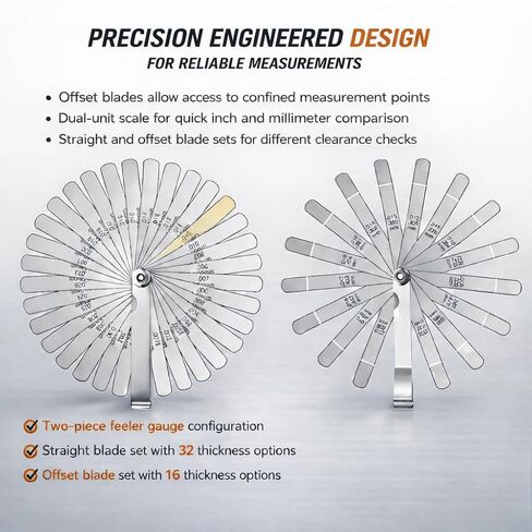 Feeler Gauges Set, 2pcs Stainless Steel, 32 Straight & 16 Angled Blades, Dual Marked SAE/Metric, Spark Plug Gap Tool for Valves, Automotive, Piston, Guitar (32 Straight & 16 Angled Blades) in Kuwait