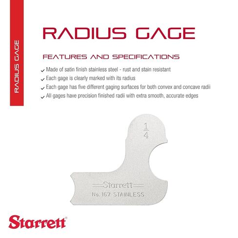 مقياس نصف قطر فردي من Starrett لكل من نصف القطر المحدب والمقعر - مثالي للنجارين والإنشاءات - الفولاذ المقاوم للصدأ، مقياس نصف قطر 1/4 بوصة، قراءة بوصة - 167-1/4 in Saudi Arabia