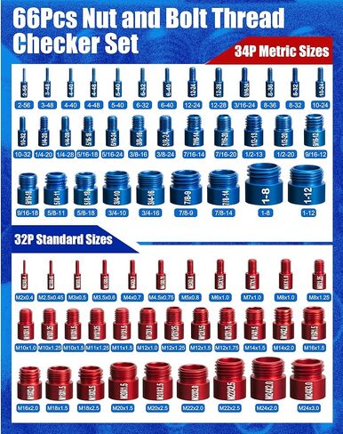 فاحص خيط صامولة ومسمار 66 مع صندوق تخزين، أداة قياس فاحص الخيط (34 متريًا و32 قياسيًا)، حجم المسمار ومكتشف مقياس الخيط مناسب للفحص في المناطق الضيقة والصعبة in Kuwait