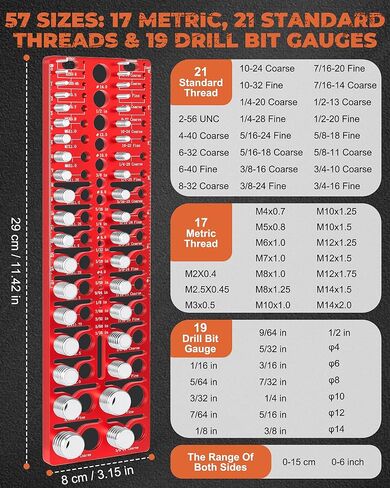 57 Pcs Nut and Bolt Thread Checker - 21 Standard + 17 Metric Thread Gauges | 19 Drill Bit Gauges, Wall-Mountable Bolt Size Finder for Fastener & Drill Bit Identification in Kuwait