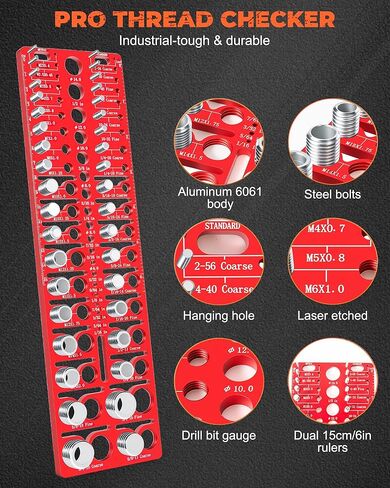 57 Pcs Nut and Bolt Thread Checker - 21 Standard + 17 Metric Thread Gauges | 19 Drill Bit Gauges, Wall-Mountable Bolt Size Finder for Fastener & Drill Bit Identification in Kuwait