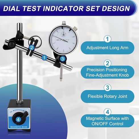 Dial Indicator with Magnetic Base, 0-1"×0.001" Magnetic Dial Indicator Set with 360° Rotatable Arm, Dial Test Indicator with 22 Point Set for Precision Measurement in Workshops, Labs, and Mold Making in Kuwait