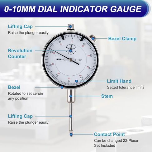 Dial Indicator with Magnetic Base, 0-1"×0.001" Magnetic Dial Indicator Set with 360° Rotatable Arm, Dial Test Indicator with 22 Point Set for Precision Measurement in Workshops, Labs, and Mold Making in Kuwait