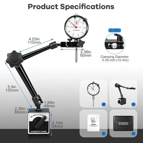 Dial Indicator with Magnetic Base, 0-1 inch Dial Test Gauge Indicators Graduation 0.001",132lbs Mag Base Runout Gauge Set in Kuwait