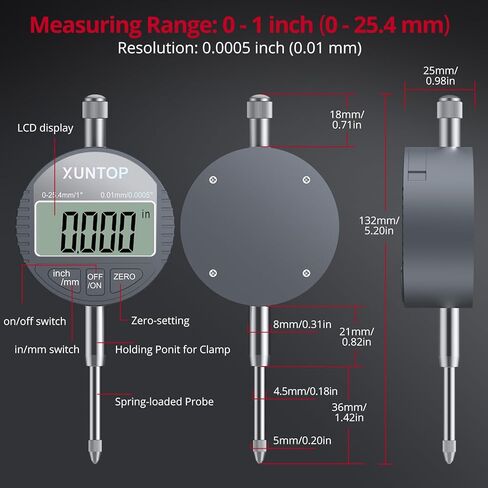 مؤشر قرص رقمي 0-1 بوصة/0.0005 بوصة و176 رطل (80 كجم) أقصى سحب بقاعدة مغناطيسية بوصة/مؤشر إلكتروني متري وحامل جذعي مرن 360 درجة لورشة عمل الطابعة ثلاثية الأبعاد ومنشار طاولة ماكينة CNC in Kuwait