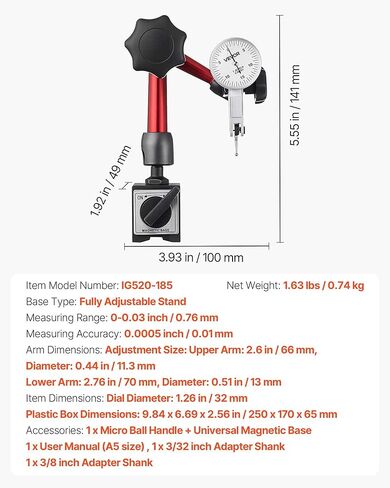 VEVOR Dial Test Indicator with Universal Magnetic Base and Storage Case, 0.0005 inch Accuracy, 0-0.03 inch Range, Micro Ball Handle for Narrow Area Measurement, Industrial Machining & Inspection in Saudi Arabia