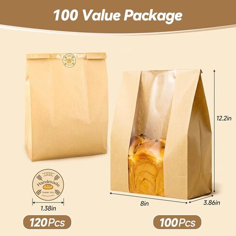 100 قطعة من أكياس الخبز من تريفو للخبز المنزلي مع نافذة شفافة و120 ملصقًا، أكياس خبز العجين المخمر لتخزين الخبز والبسكويت والوجبات الخفيفة، وأكياس ورقية كبيرة للمخبوزات in Kuwait