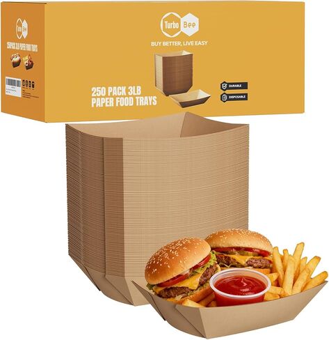 Disposable Paper Food Trays 2lb, 150 Pack Brown Paper Boats - Heavy Duty Holders for French Fries, Nachos, Hot Dogs, Tacos, Popcorn - Grease Resistant Snack Boats for Food Trucks, Parties, Delivery in Saudi Arabia