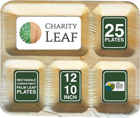 Charity Leaf Compostable 12x10'' Rectangle - 5 Compartment Palm Leaf Dinner Plates (25-pack) | Premium, 100% Natural, Disposable, Heavy Duty | Perfect for Parties, Weddings, BBQs & Catering Events in Saudi Arabia
