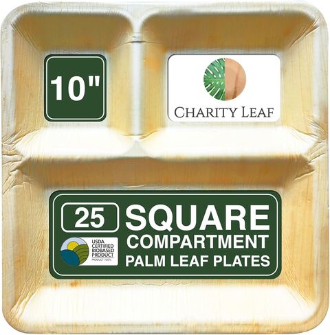 Charity Leaf Compostable 12x10'' Rectangle - 5 Compartment Palm Leaf Dinner Plates (25-pack) | Premium, 100% Natural, Disposable, Heavy Duty | Perfect for Parties, Weddings, BBQs & Catering Events in Saudi Arabia