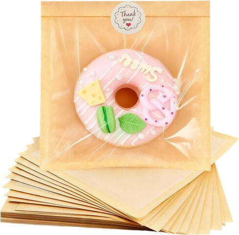 ARREBOL 100 Pack 7.1x7.5 Inch Cookie Bags with Window & Stickers for Packaging, Sealable Grease Resistant Small Brown Paper Bakery Bags for Bread in Kuwait