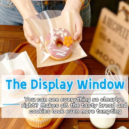 ARREBOL 100 Pack 7.1x7.5 Inch Cookie Bags with Window & Stickers for Packaging, Sealable Grease Resistant Small Brown Paper Bakery Bags for Bread in Kuwait