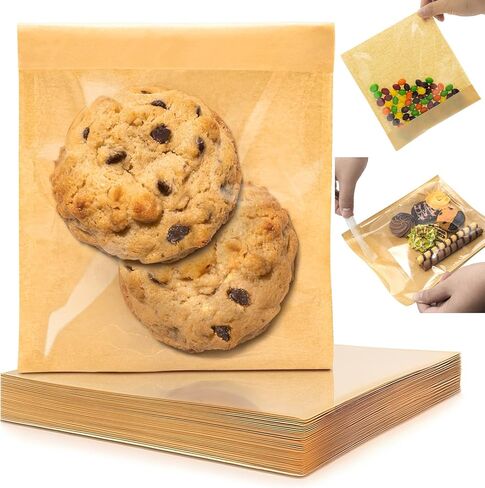 100 Pack Self Sealing Cookie Bags with Seal, 5.9x6.5 Inch Paper Bakery Bags with Window, Grease Resistant To Go Sleeves for Packaging Donut, Snack, Scone, Brownie, Small Pastries and other Treats in Kuwait
