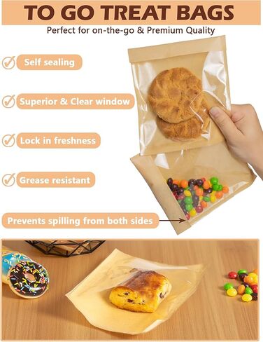 100 Pack Self Sealing Cookie Bags with Seal, 5.9x6.5 Inch Paper Bakery Bags with Window, Grease Resistant To Go Sleeves for Packaging Donut, Snack, Scone, Brownie, Small Pastries and other Treats in Kuwait