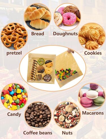 100 Pack Self Sealing Cookie Bags with Seal, 5.9x6.5 Inch Paper Bakery Bags with Window, Grease Resistant To Go Sleeves for Packaging Donut, Snack, Scone, Brownie, Small Pastries and other Treats in Kuwait